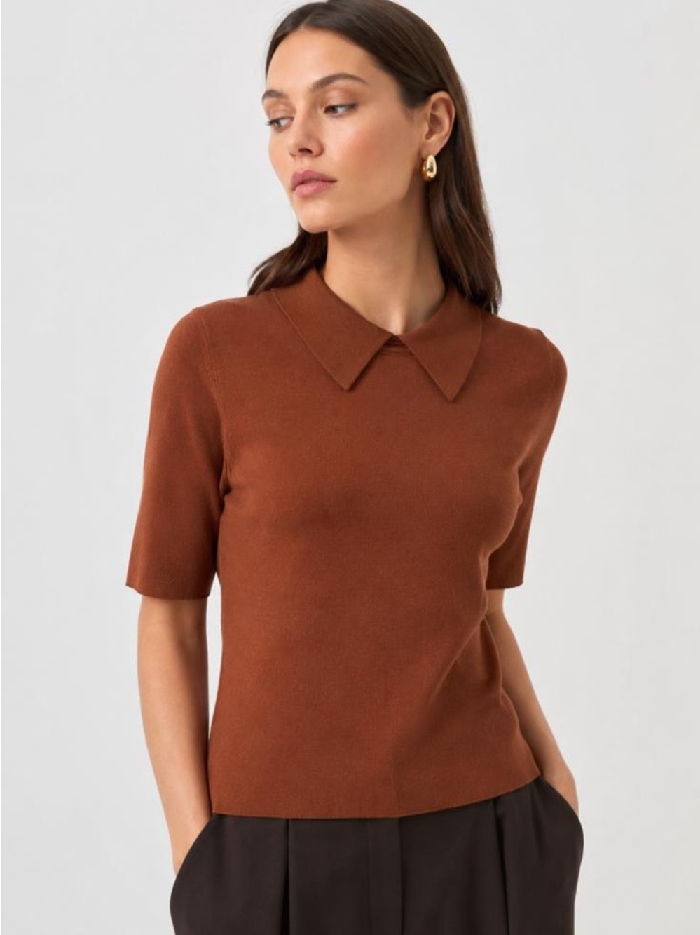 La VILA Milano Brick Short Sleeve Polo Top with Pointed Collar